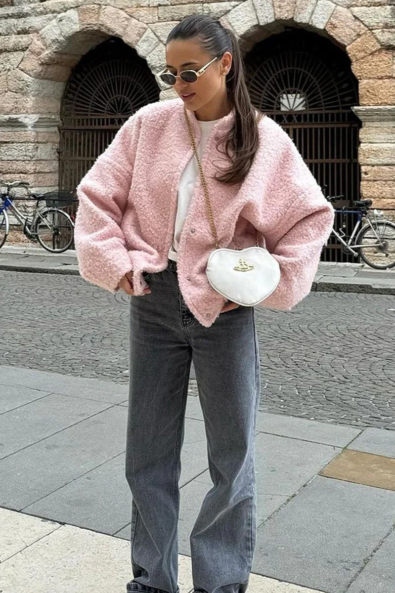 Casual Pink Faux Fur Short Jacket - Image 4