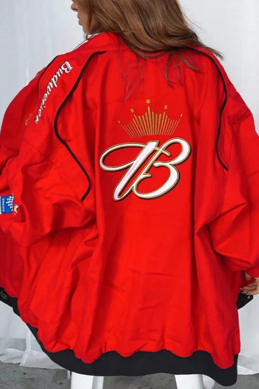 Casual Red Print Zip Jacket - Image 4