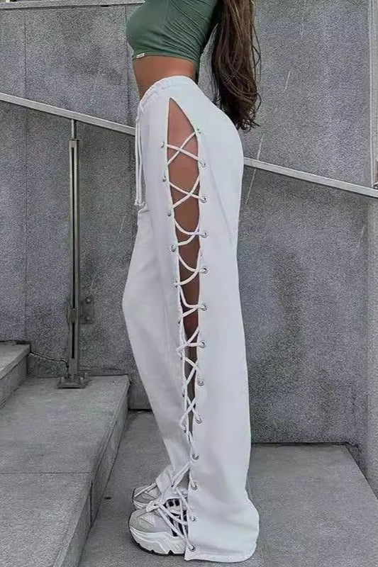 Casual Side Slit Tie Cutout Wide Leg Pants