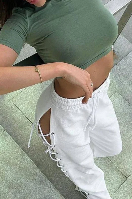 Casual Side Slit Tie Cutout Wide Leg Pants - Image 3