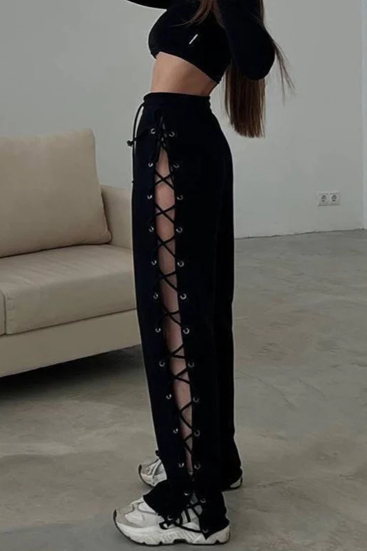 Casual Side Slit Tie Cutout Wide Leg Pants - Image 4