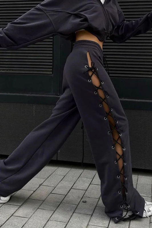Casual Side Slit Tie Cutout Wide Leg Pants - Image 5