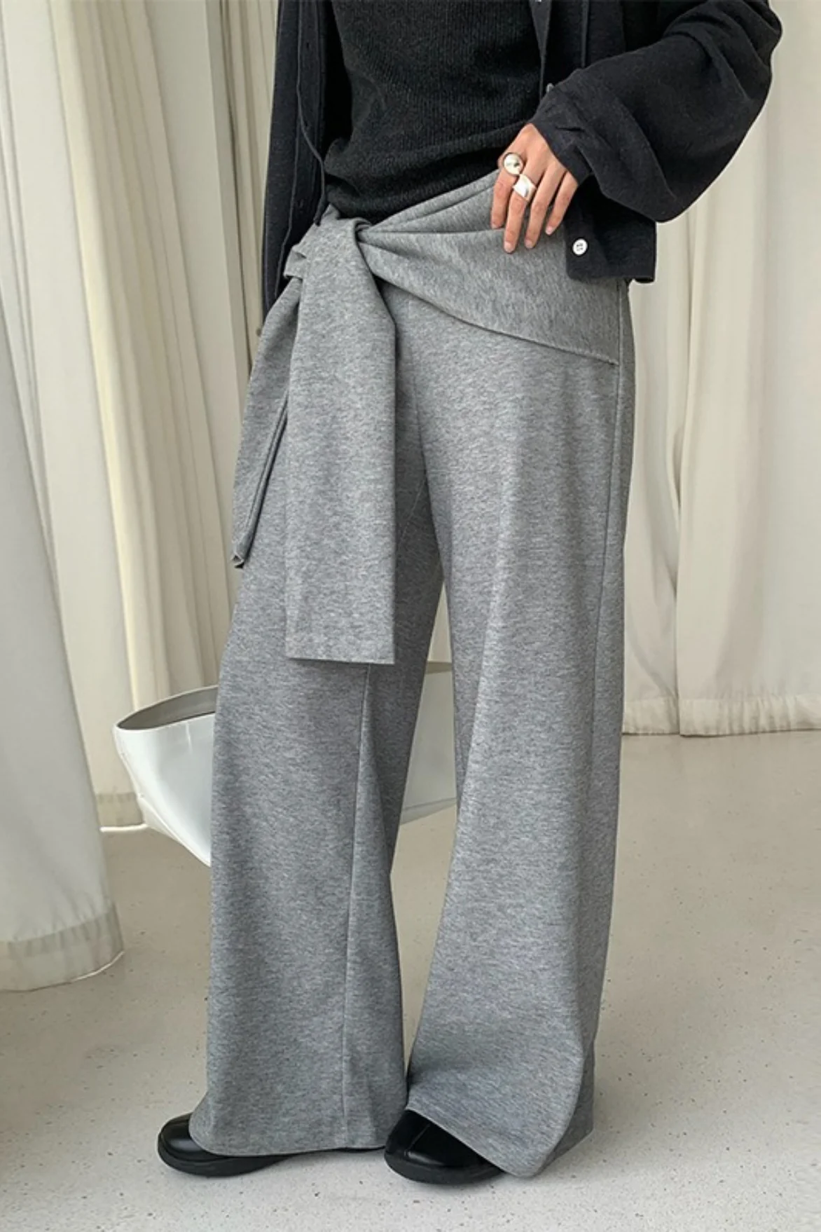 Casual Tie Patchwork Relaxed Straight Pants - Image 2
