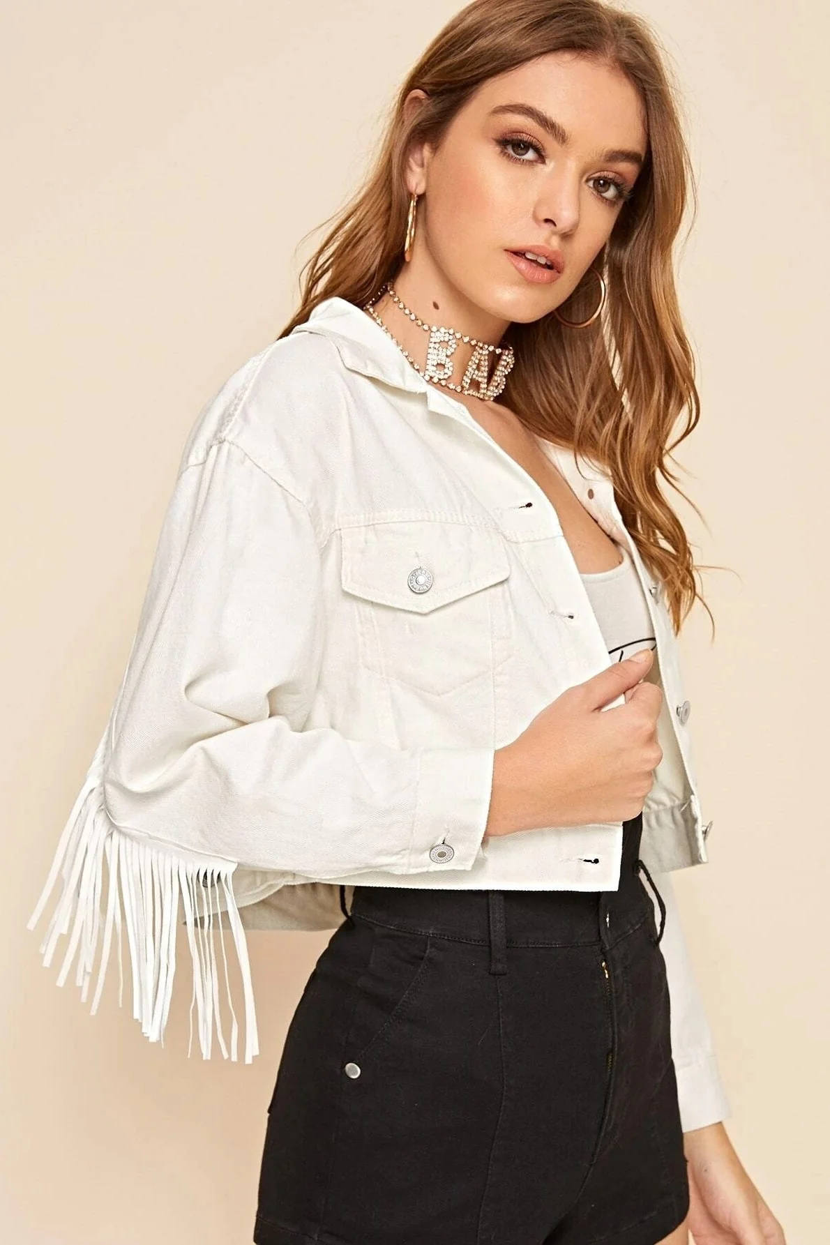 Casual White Fringe Denim Jacket - Image 3