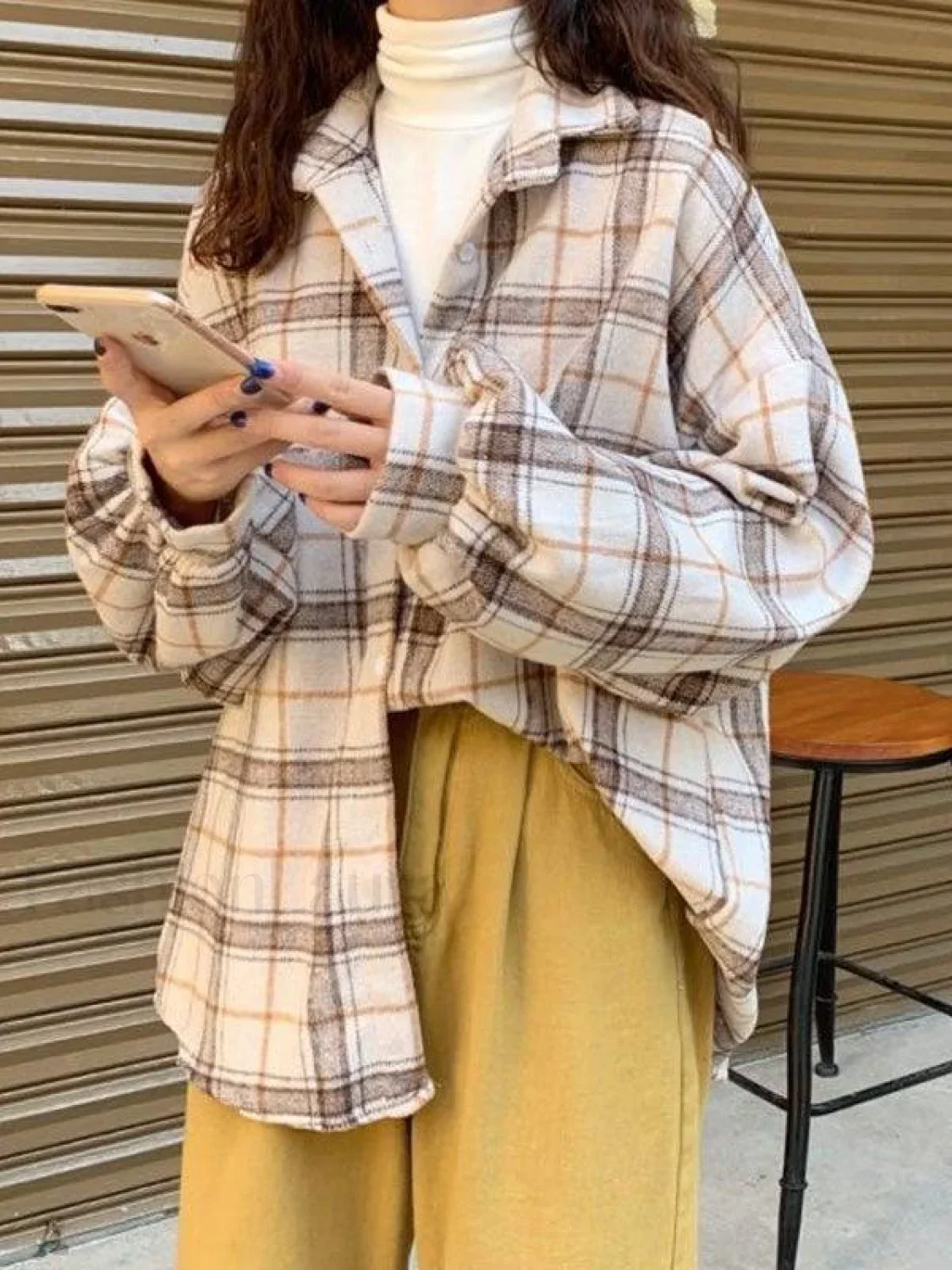 Checkered Print Button Blouse - Image 31