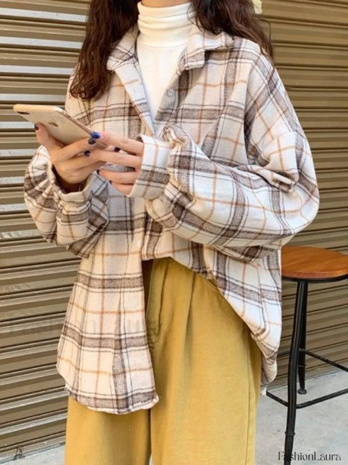 Checkered Print Button Blouse - Image 49
