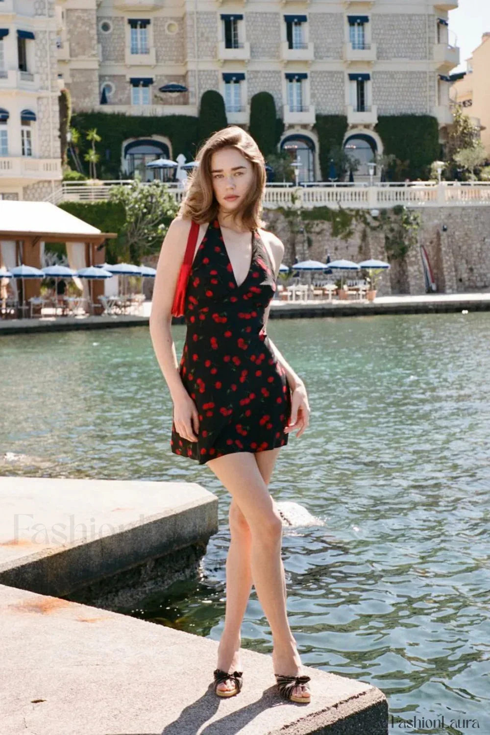 Cherry Print Deep V Halter Strap Neck Mini Dress - Image 7