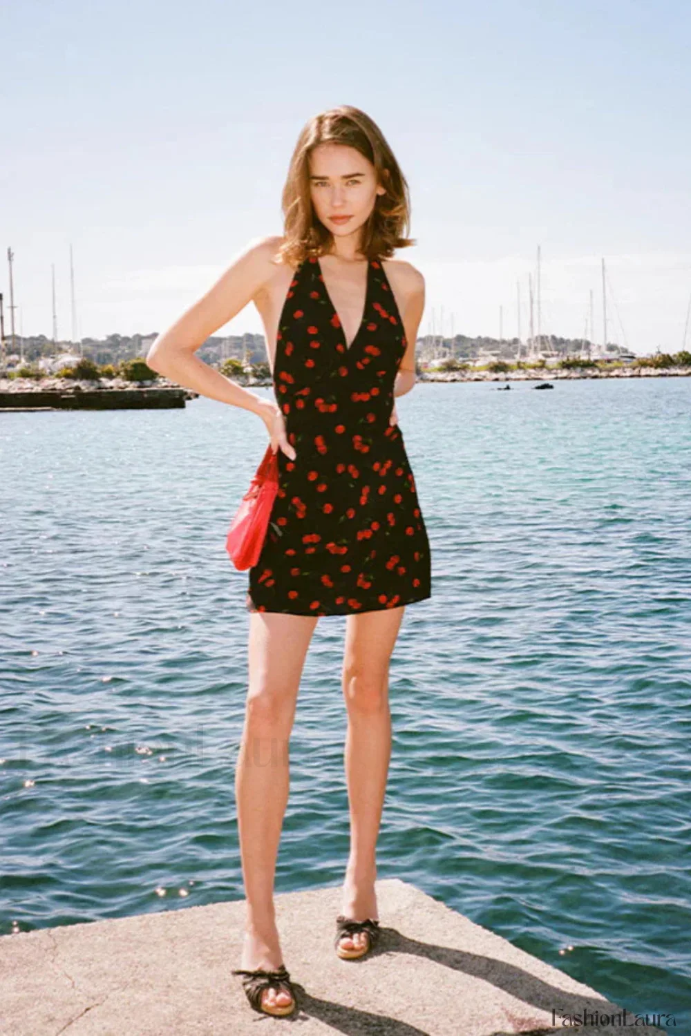 Cherry Print Deep V Halter Strap Neck Mini Dress - Image 8