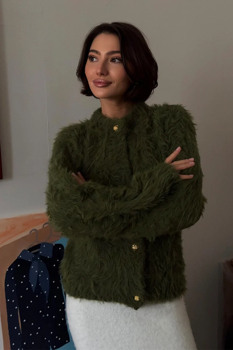 Solid Color Button-Up Faux Fur Knit Sweater - Image 11