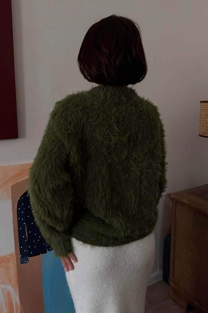 Solid Color Button-Up Faux Fur Knit Sweater - Image 12