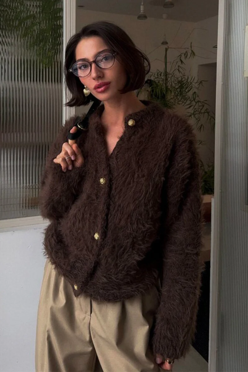 Solid Color Button-Up Faux Fur Knit Sweater - Image 13