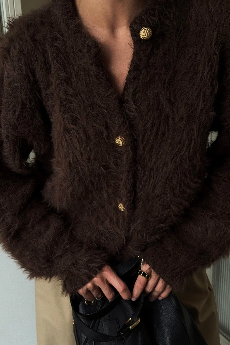 Solid Color Button-Up Faux Fur Knit Sweater - Image 15