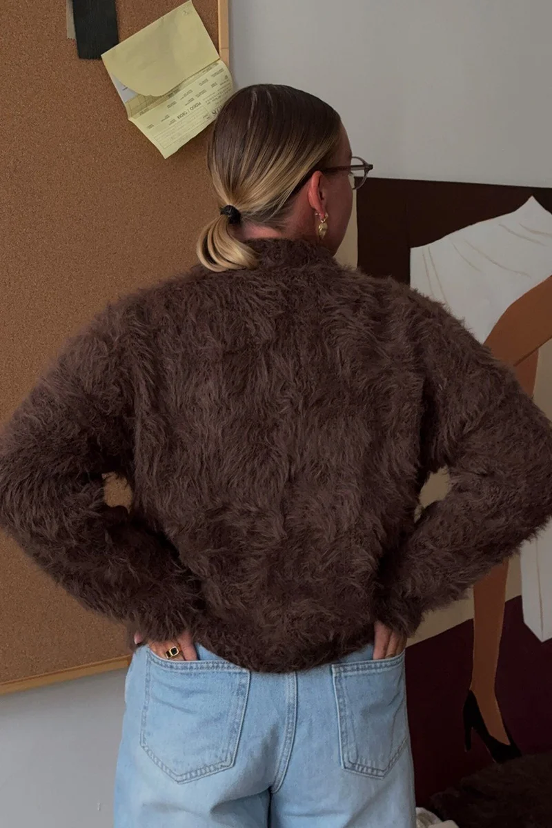 Solid Color Button-Up Faux Fur Knit Sweater - Image 16