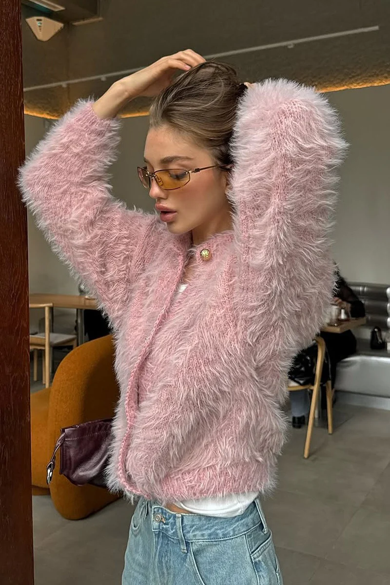 Solid Color Button-Up Faux Fur Knit Sweater - Image 3
