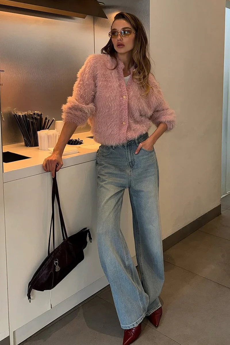 Solid Color Button-Up Faux Fur Knit Sweater - Image 4