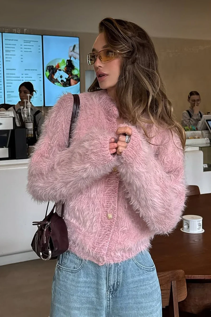 Solid Color Button-Up Faux Fur Knit Sweater - Image 5