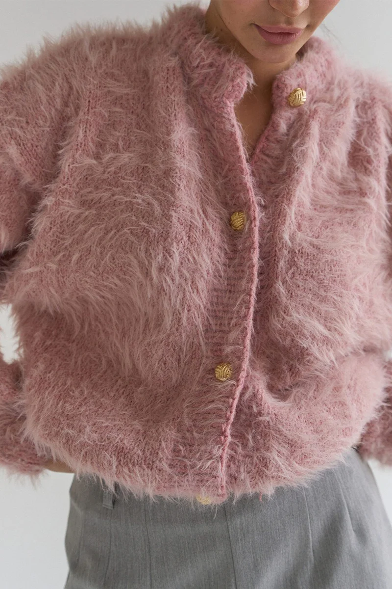 Solid Color Button-Up Faux Fur Knit Sweater - Image 7