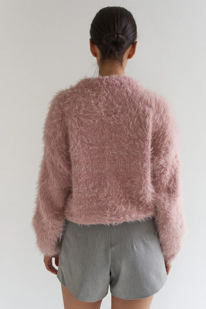 Solid Color Button-Up Faux Fur Knit Sweater - Image 8