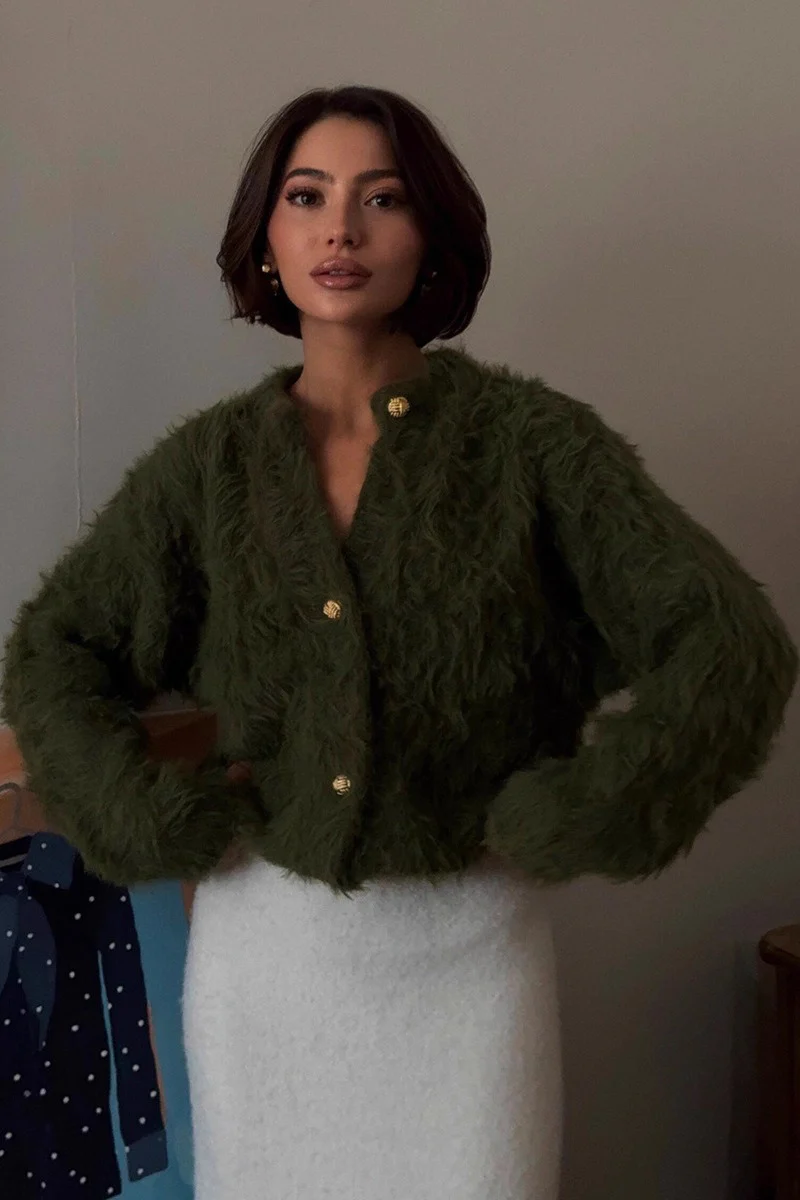 Solid Color Button-Up Faux Fur Knit Sweater - Image 9