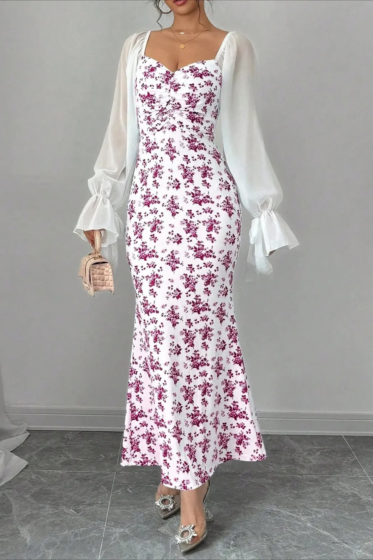Chiffon Knit Patchwork V Neck Bodycon Floral Dress - Image 4