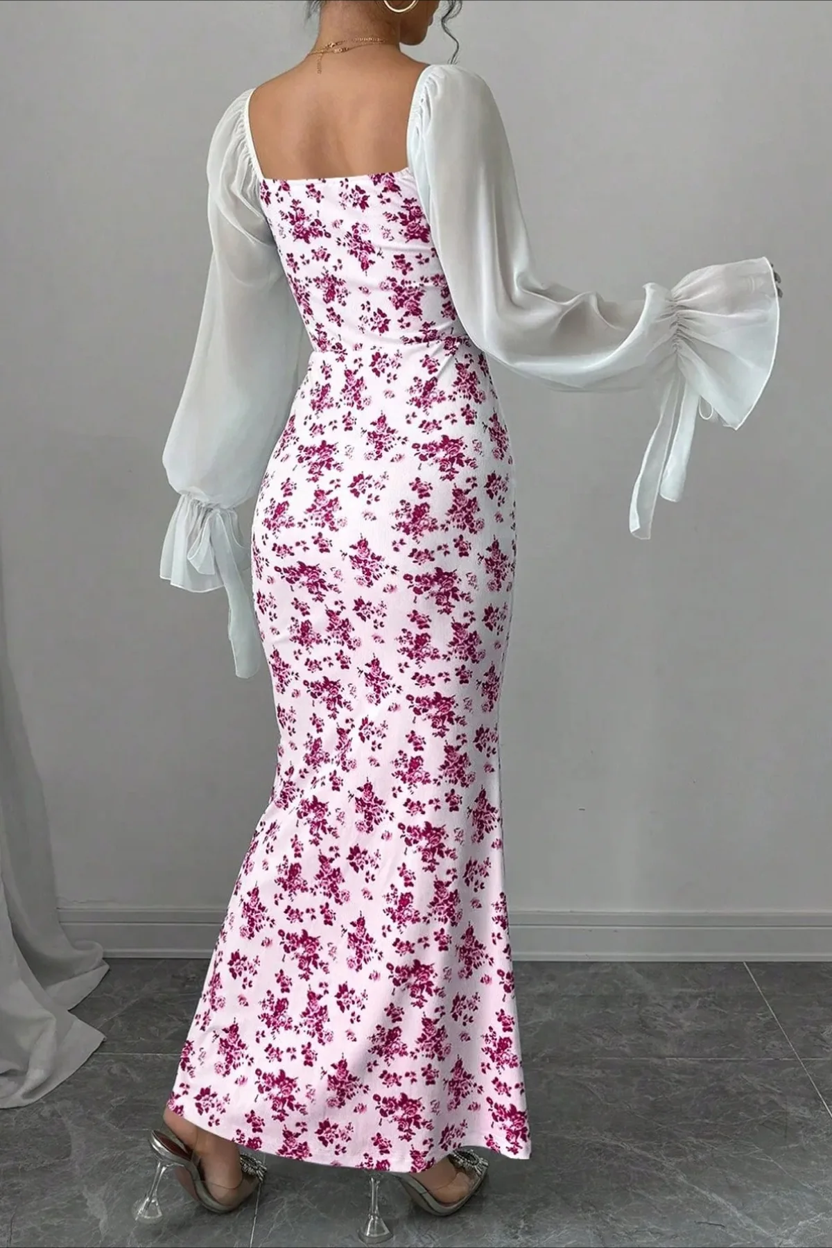 Chiffon Knit Patchwork V Neck Bodycon Floral Dress - Image 5