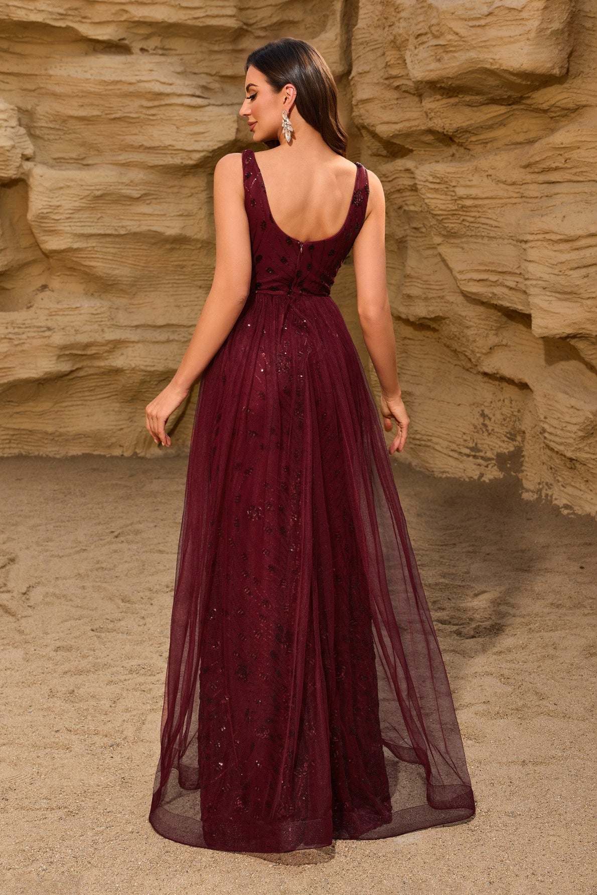 Classic Burgundy Sequin Mesh V Neck U Back Prom Dress - Image 4