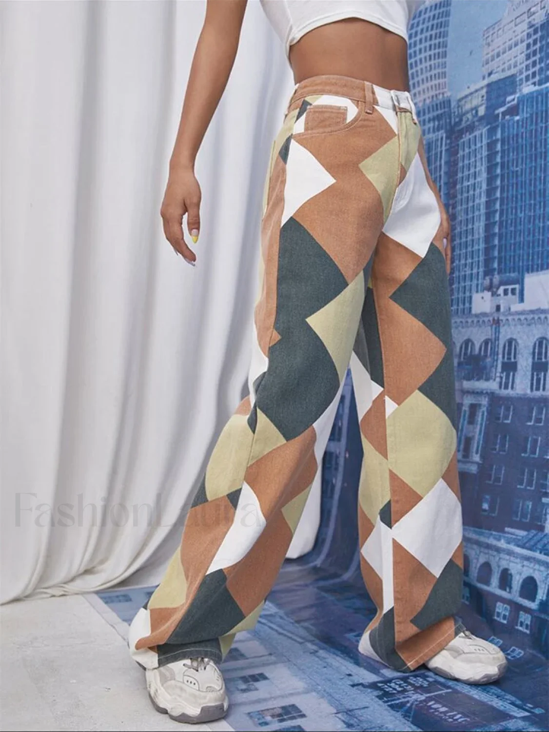Color Block Argyle Print Wide Leg Jeans - Image 12
