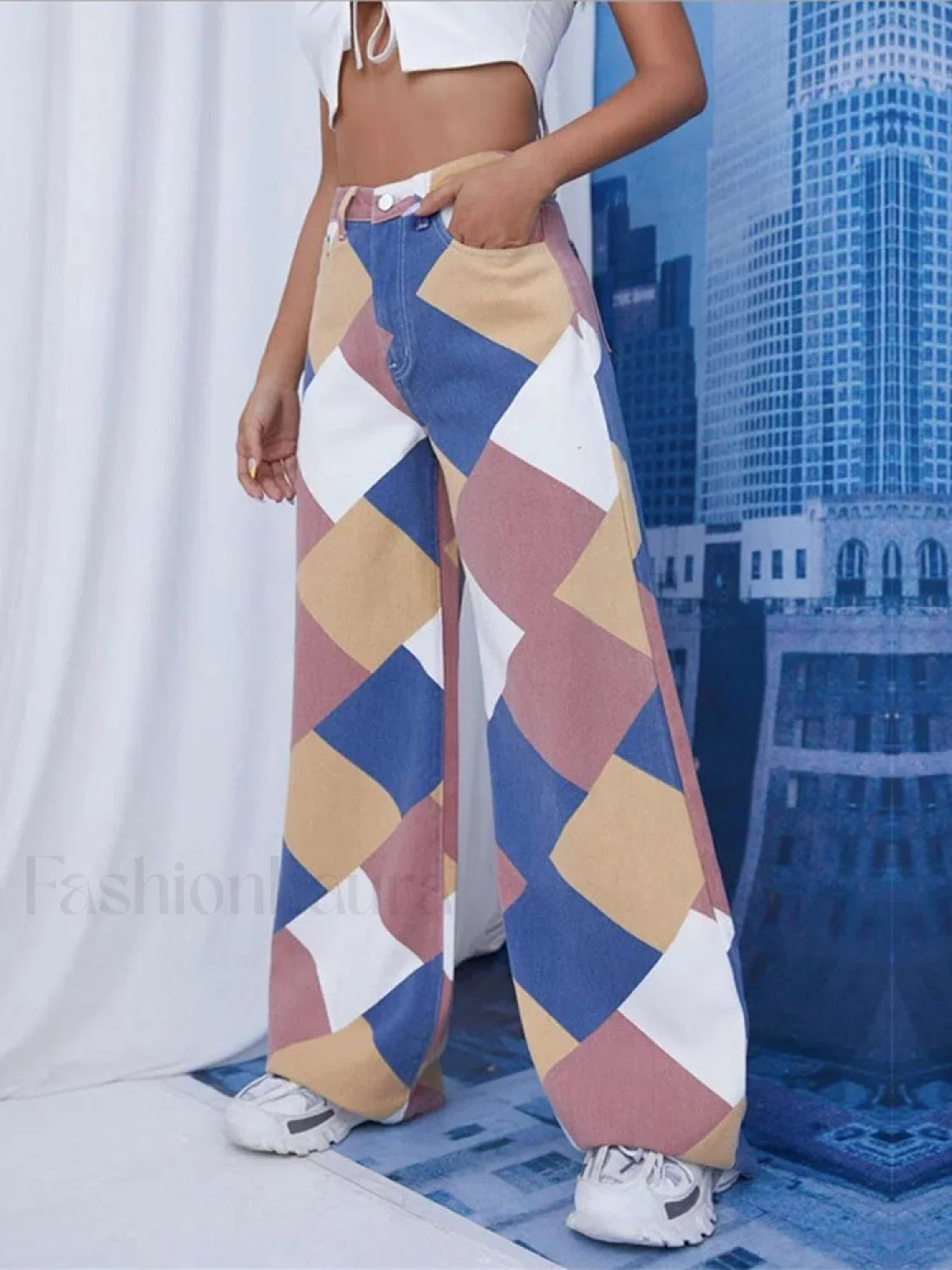 Color Block Argyle Print Wide Leg Jeans - Image 17