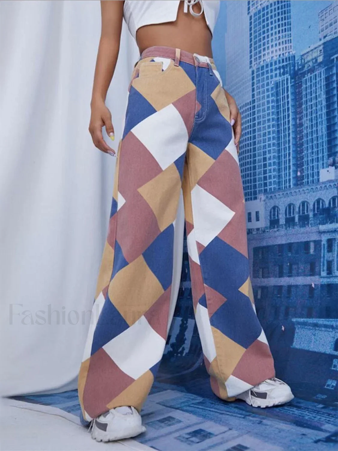 Color Block Argyle Print Wide Leg Jeans - Image 21
