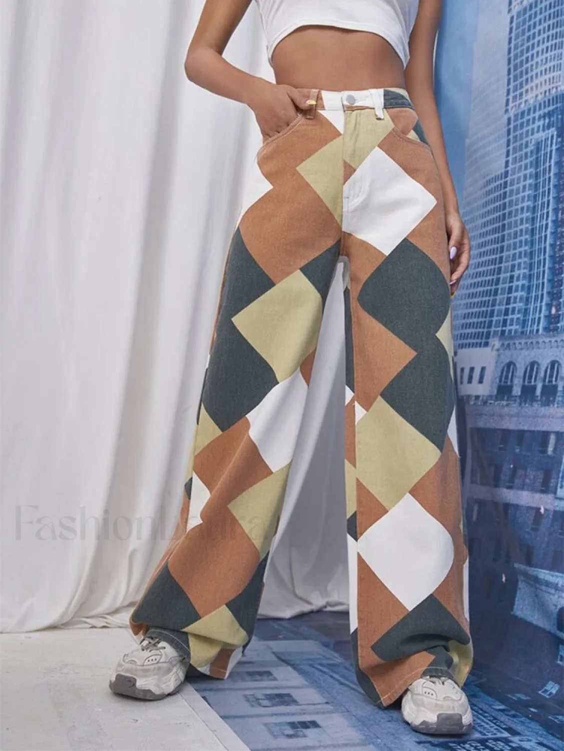 Color Block Argyle Print Wide Leg Jeans - Image 25