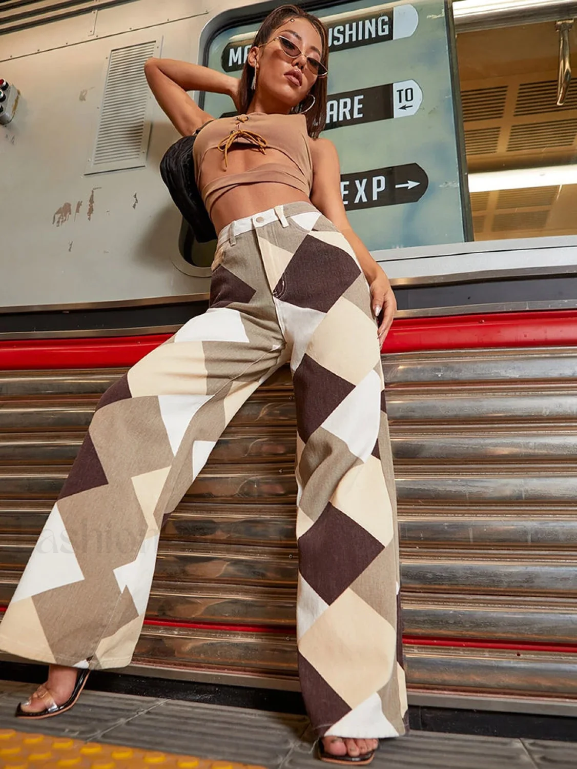 Color Block Argyle Print Wide Leg Jeans - Image 26