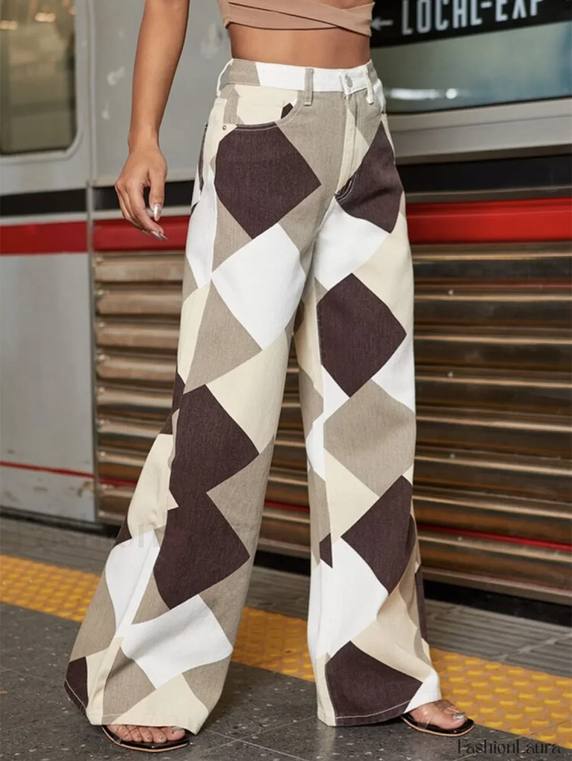 Color Block Argyle Print Wide Leg Jeans - Image 42