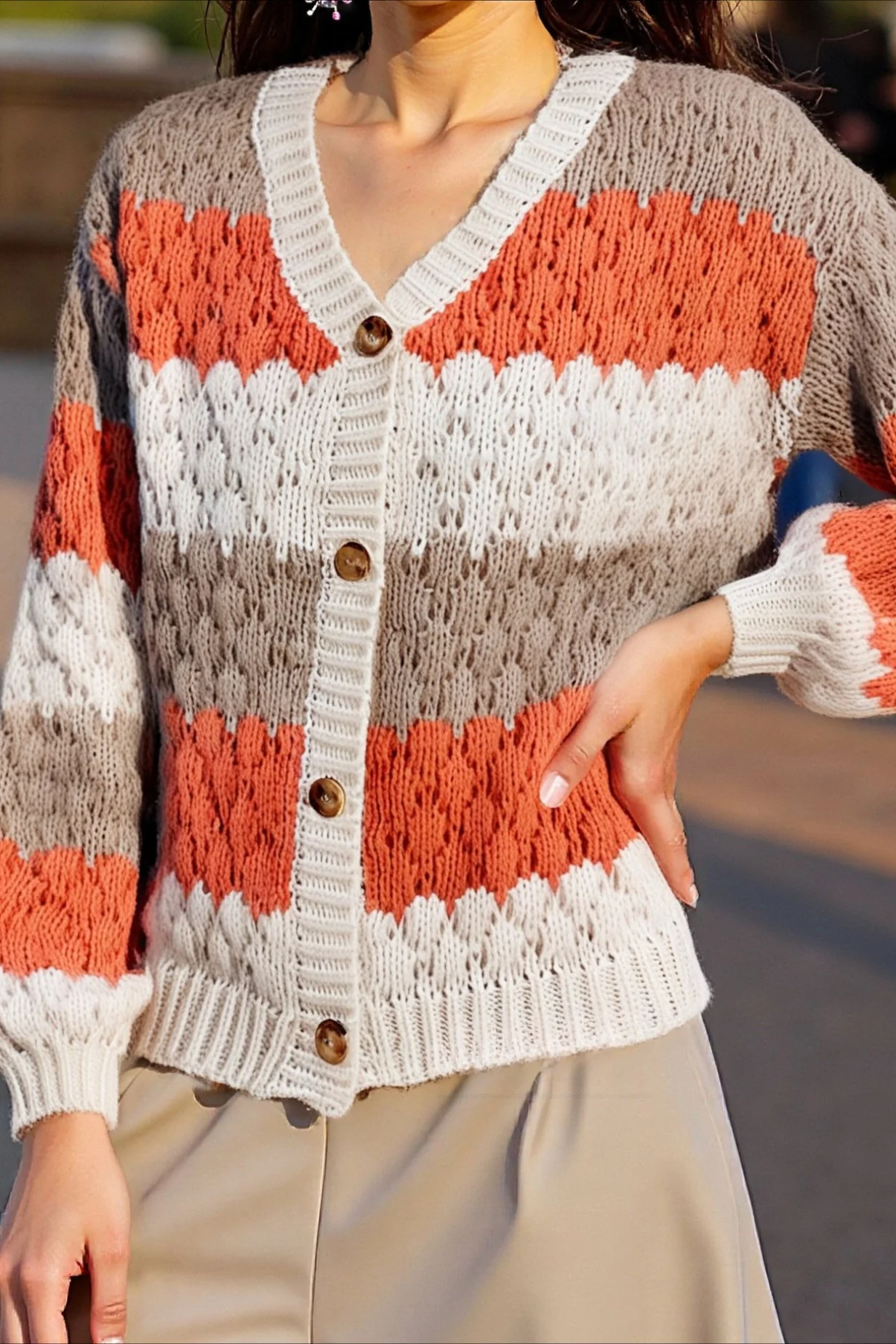 Color Block V-Neck Loose Sweater - Image 10