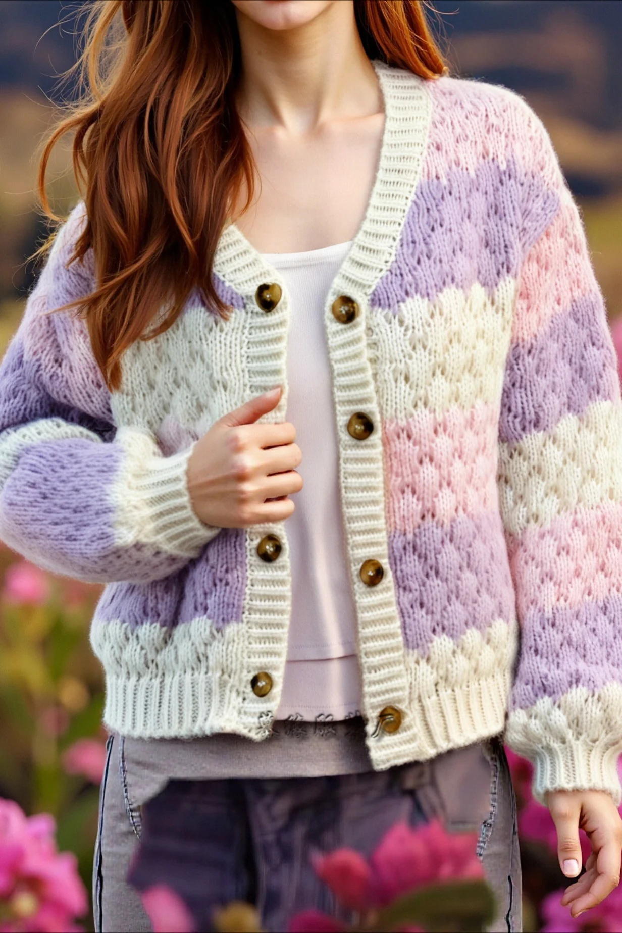 Color Block V-Neck Loose Sweater - Image 7