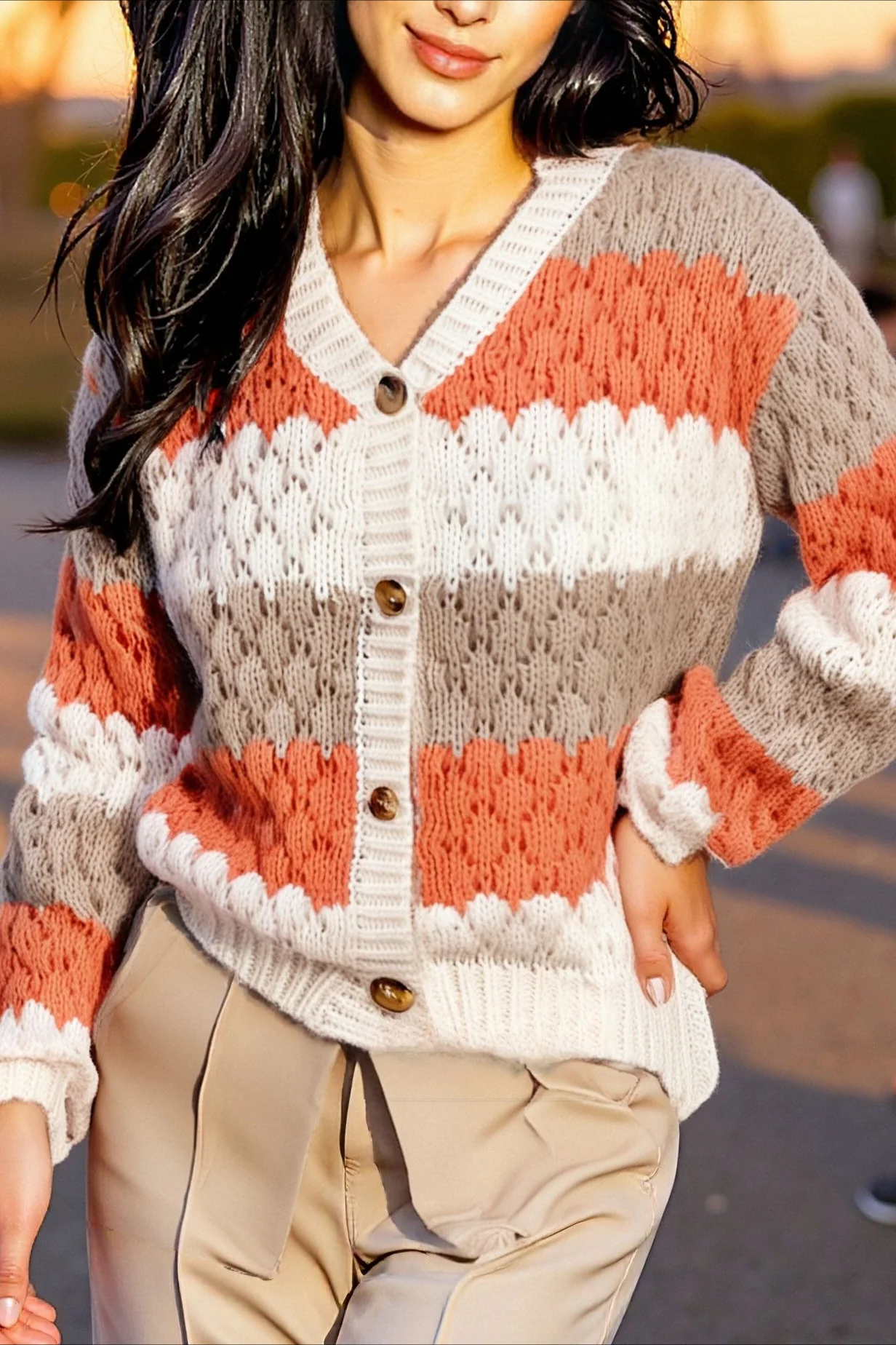 Color Block V-Neck Loose Sweater - Image 8