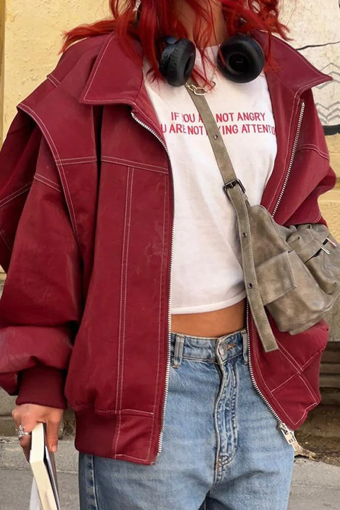 Colorblock Faux Leather Zip Jacket - Image 2