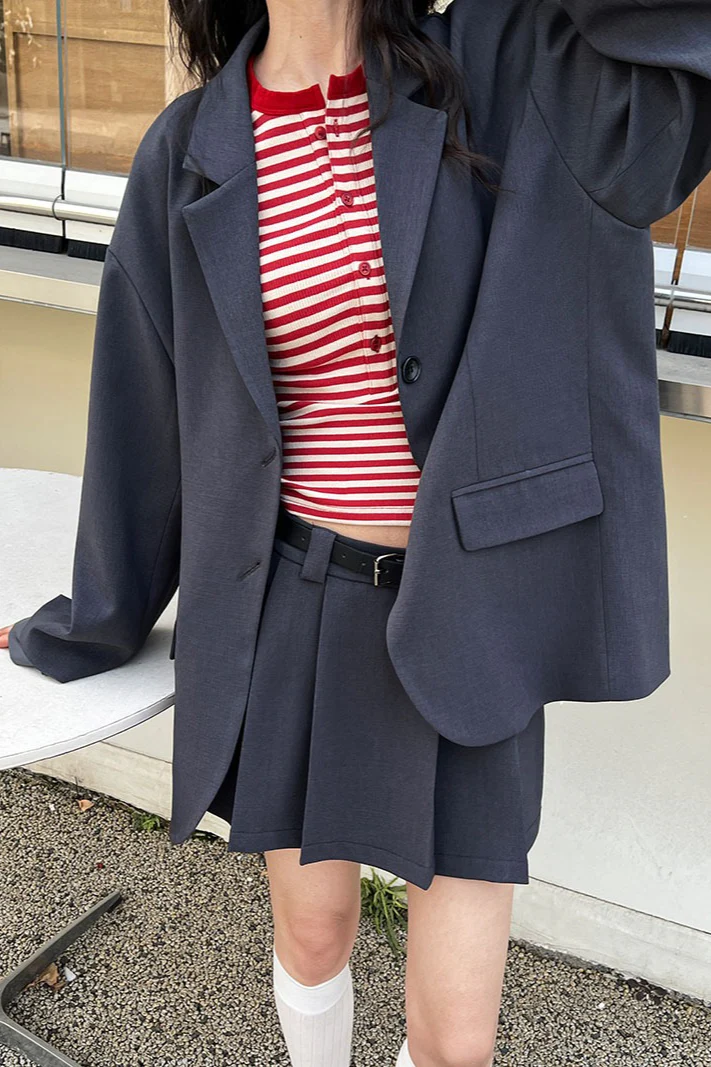 Contrast Sleeve Blazer Pleated Midi Skirt Set - Image 2