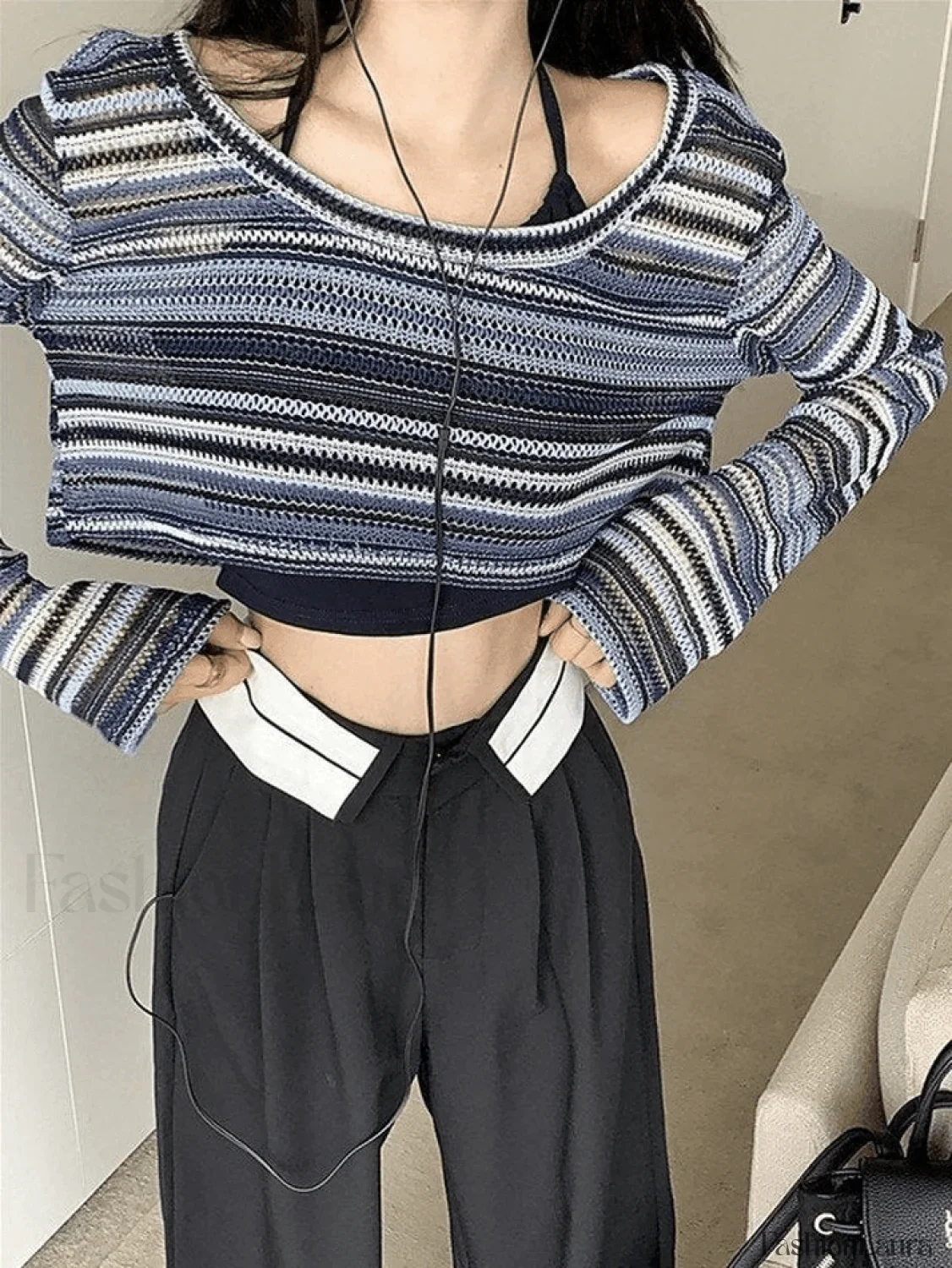 Contrast Striped Crochet Knit Crop Top - Image 7