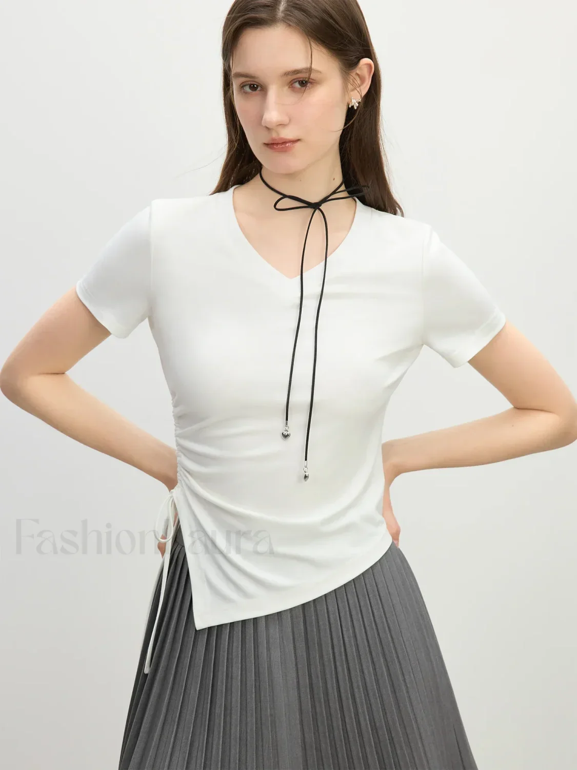 Cooling V-Neck Drawstring Crop T-Shirt - Image 8