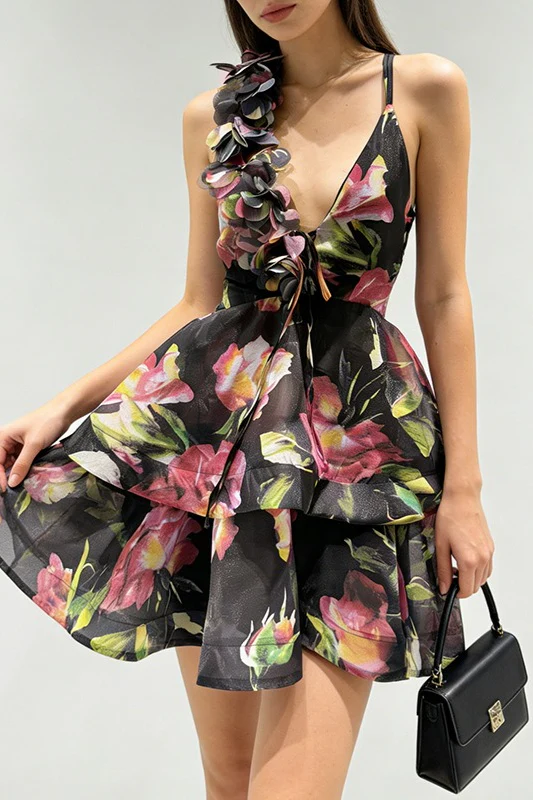 Corset Deep V Tiered 3D Floral Dress - Image 2