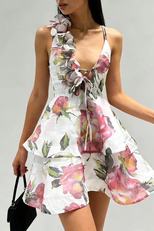 Corset Deep V Tiered 3D Floral Dress - Image 5