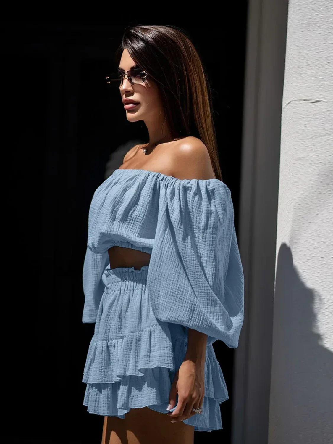 Cotton Long Sleeve Slash Neck Skirt Two Piece Set - Image 4