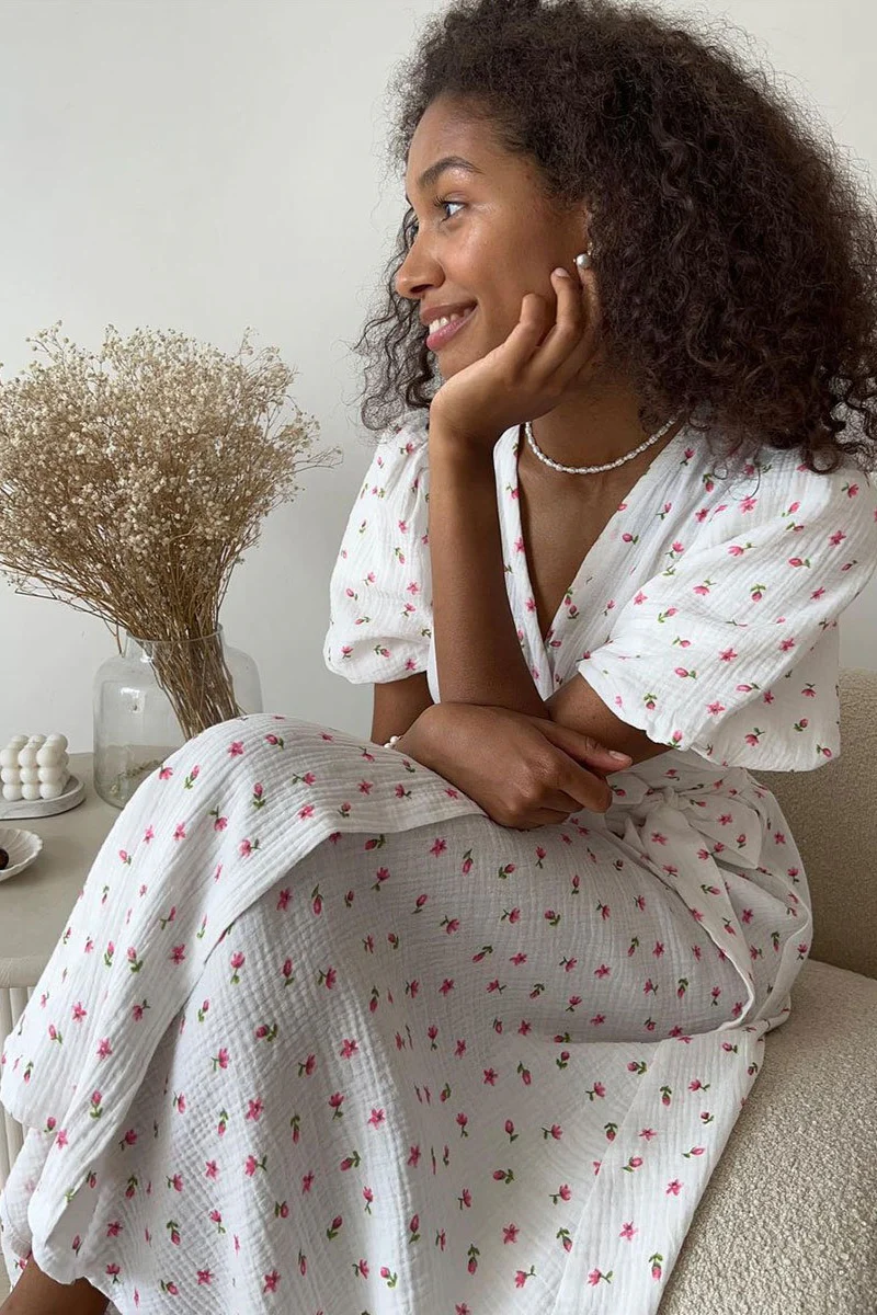 Cotton Printed V Neck Puff Sleeve Floral Dress - Image 6