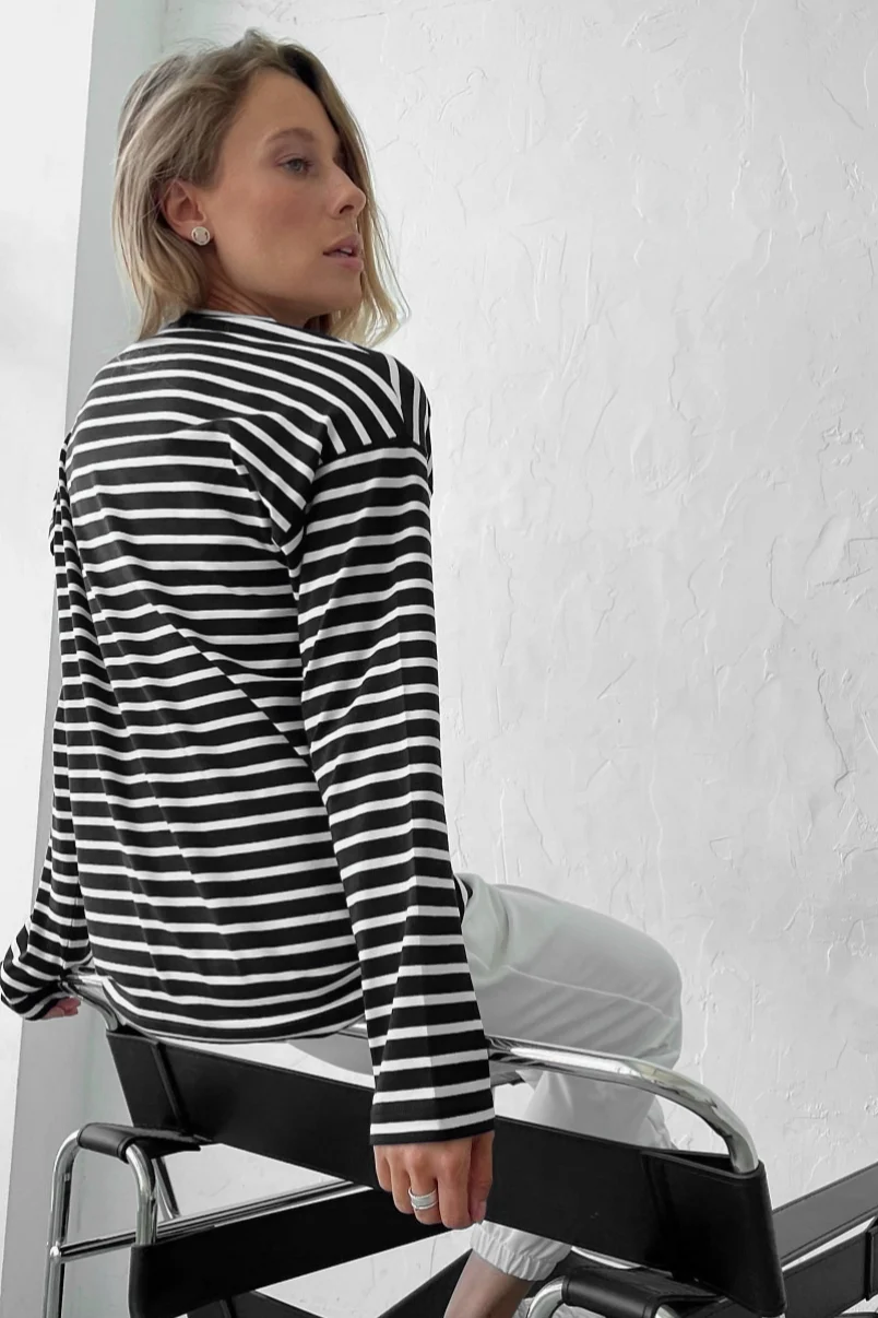 Cotton Striped Crew Neck Long Sleeve Tee - Image 10