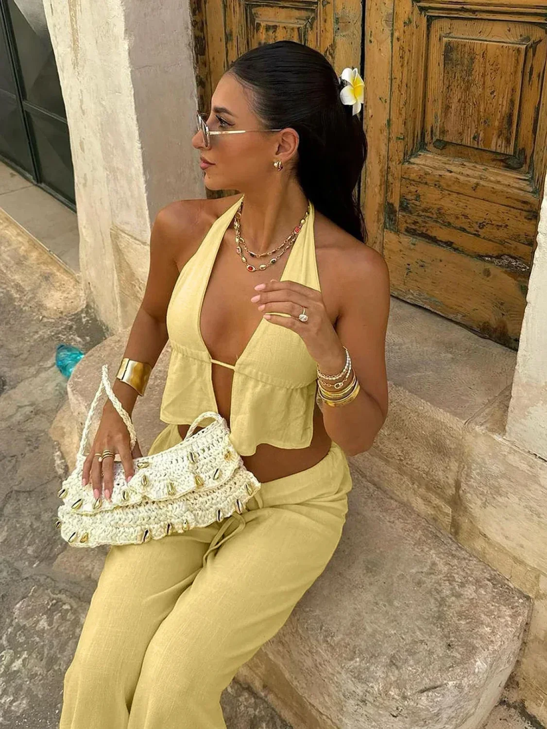 Cotton V-Neck Lace Pants Two Piece Set - Image 6