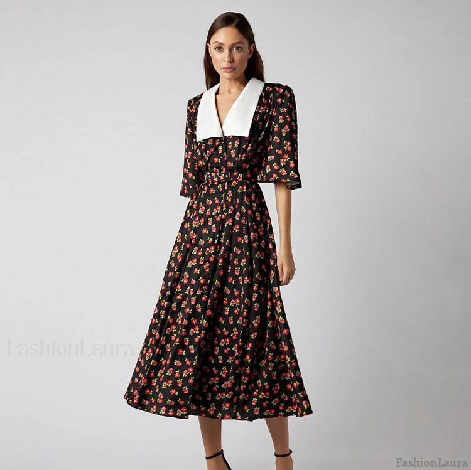 Floral Print Slit Tight Waist A line Dress Elegant Short Sleeve Doll Collar Dress