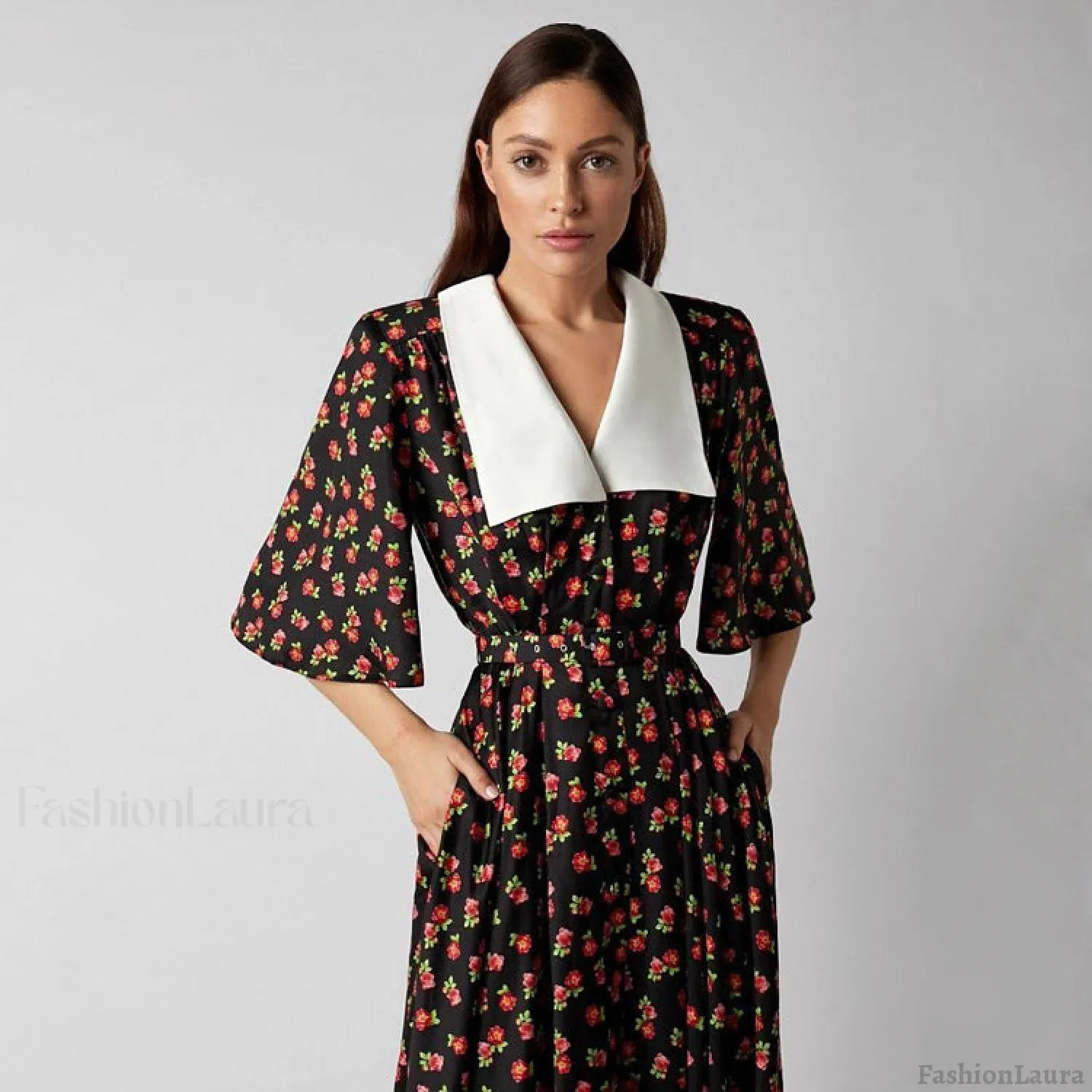 Floral Print Slit Tight Waist A line Dress Elegant Short Sleeve Doll Collar Dress - Image 2