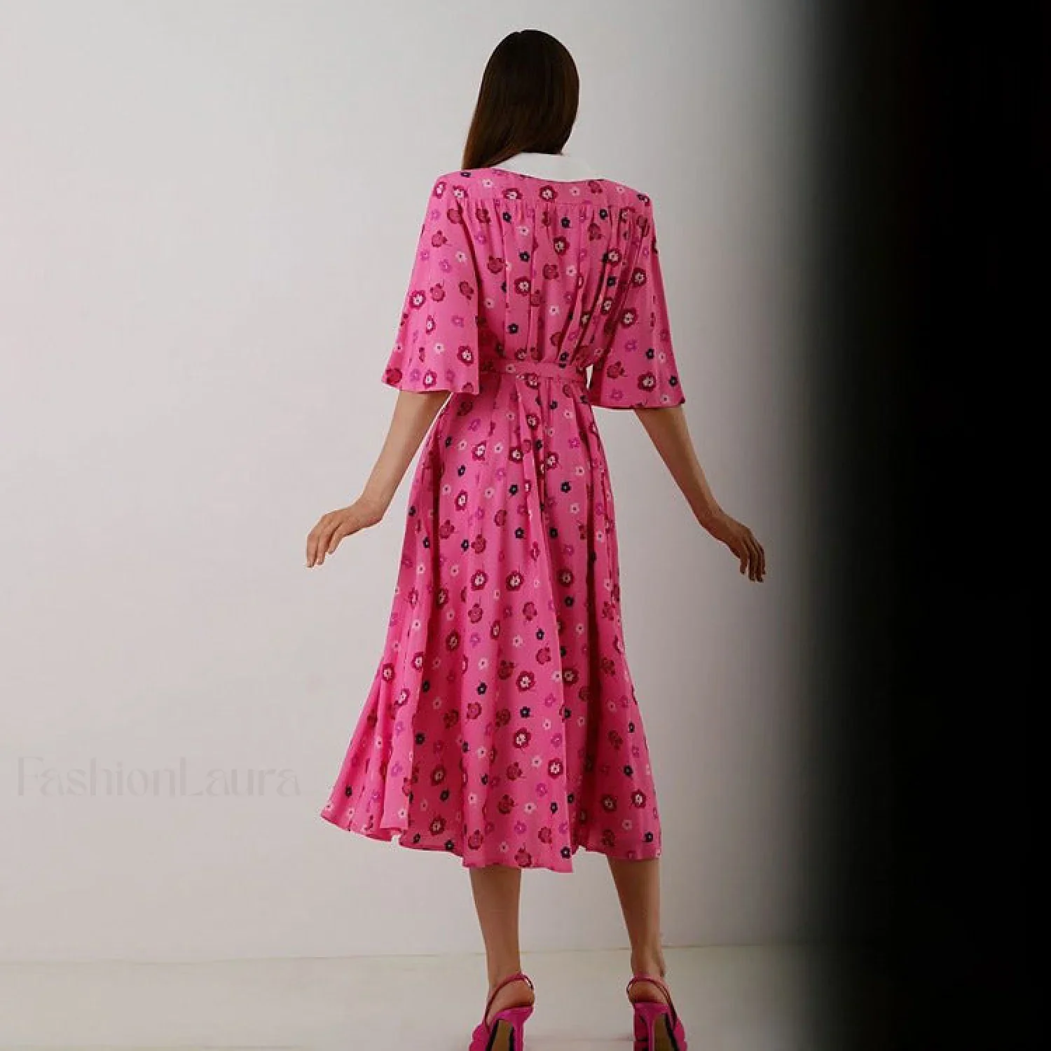 Floral Print Slit Tight Waist A line Dress Elegant Short Sleeve Doll Collar Dress - Image 4