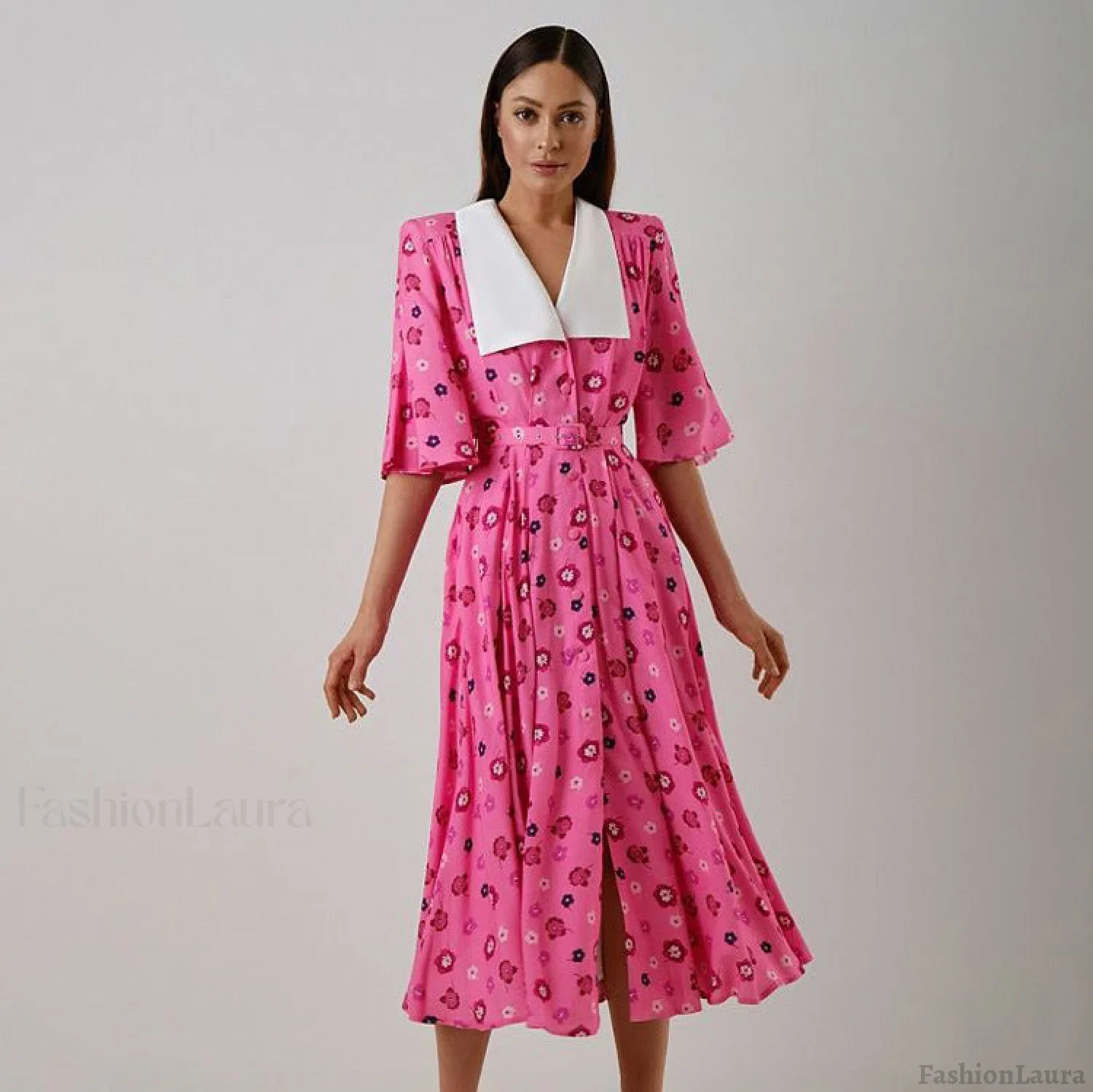 Floral Print Slit Tight Waist A line Dress Elegant Short Sleeve Doll Collar Dress - Image 5