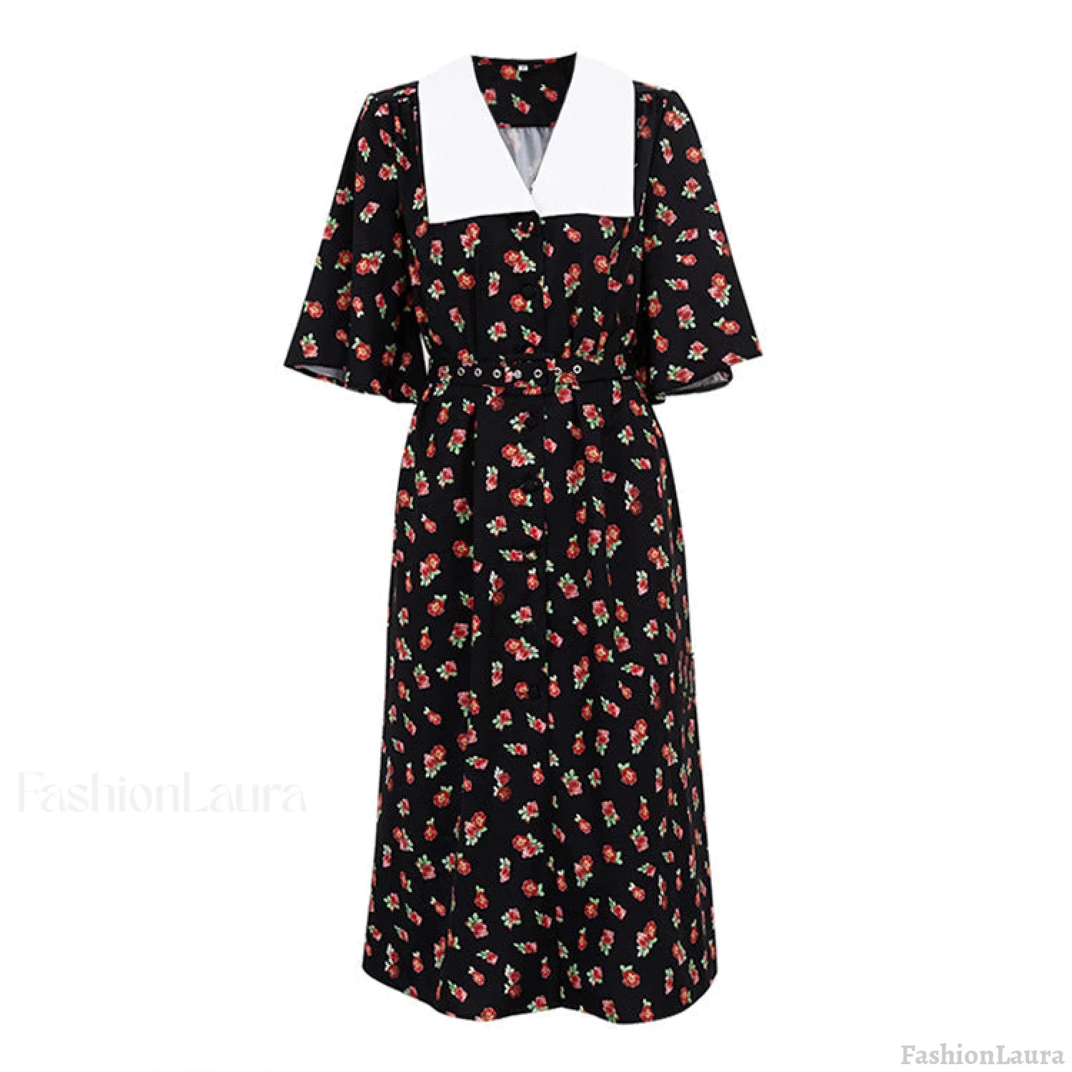 Floral Print Slit Tight Waist A line Dress Elegant Short Sleeve Doll Collar Dress - Image 6